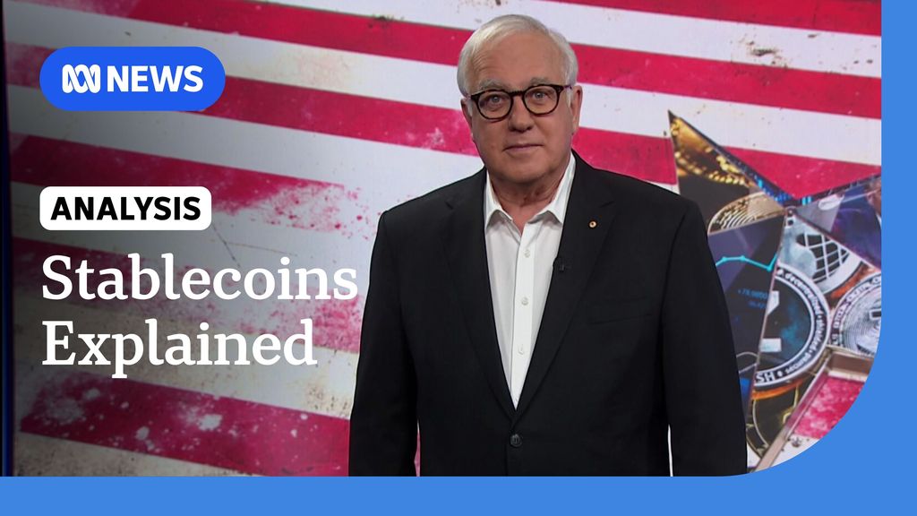 Analysis: Stablecoins Explained: Alan Kohler stands before US flag backdrop, star graphic overlayed with crypto coins.