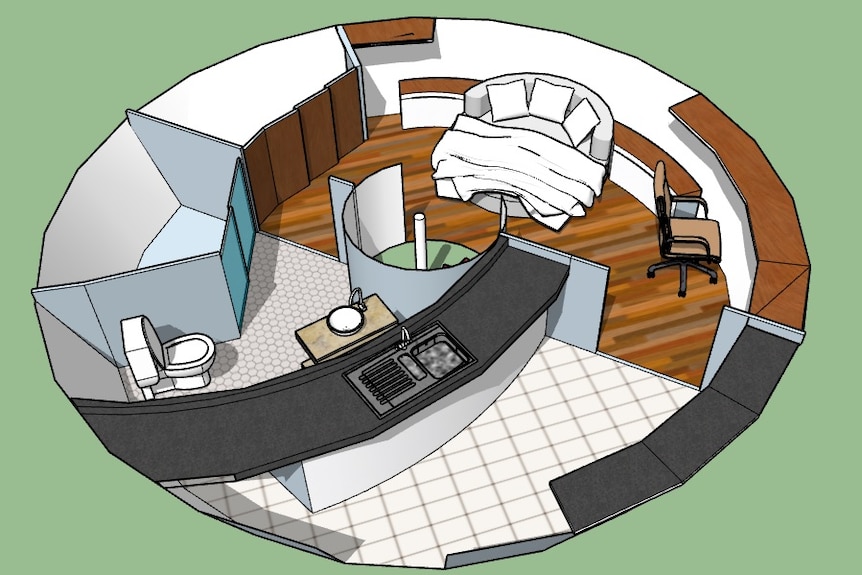 A circular diagram of the inside of the seastead, showing toilet, bedroom and living area.