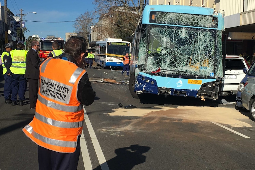 A bus damaged in a crash on Sydney's north shore.