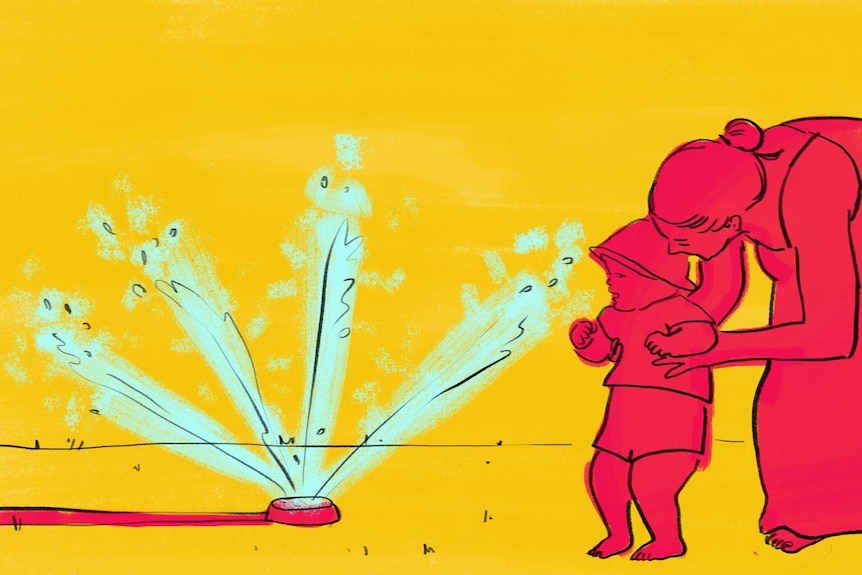 Drawing of a baby and mother cooling down in a sprinkler