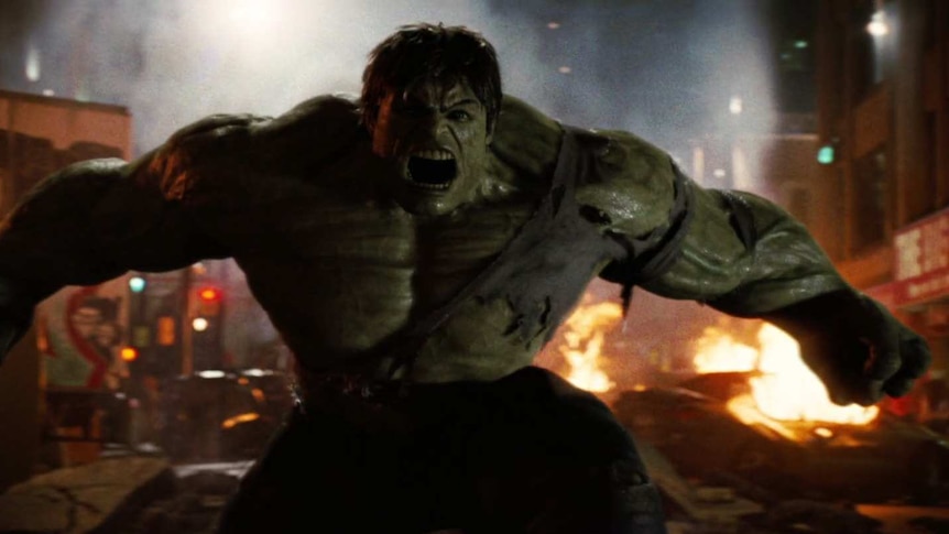 The Hulk, a large green monster man, yells.