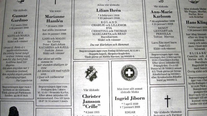 Obituary announcements in Swedish newspaper DN on February 3, 2008.