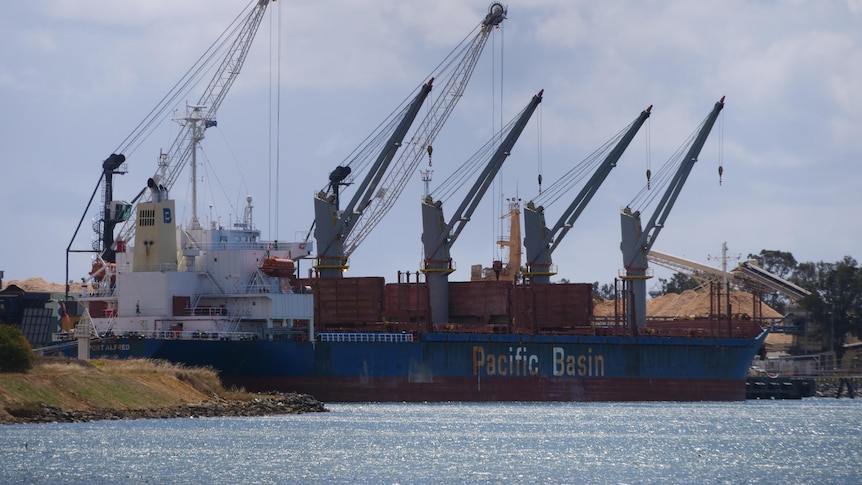 Five cranes rise above a ship in port