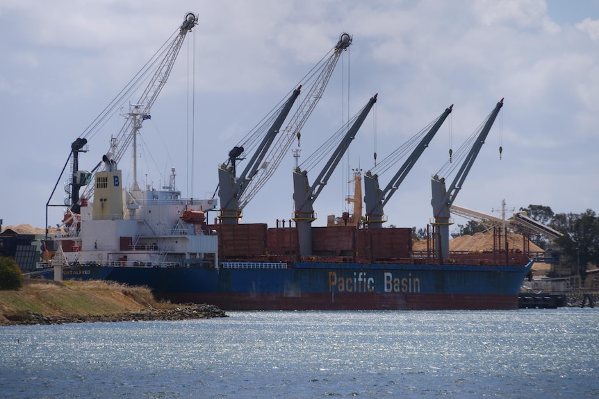 Five cranes rise above a ship in port.