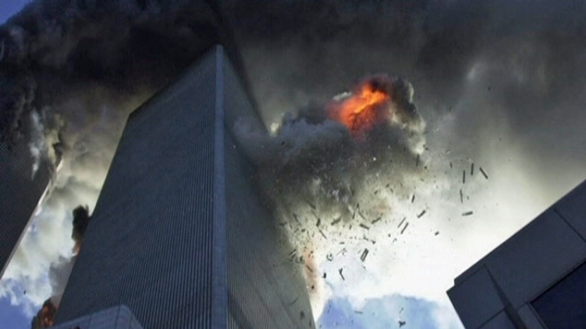 Video still of a photograph by news photographer David Handschuh, who was underneath the twin towers when the second plane struck. Still from an interview with Scott Bevan. September 10 2011.