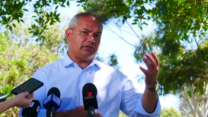 A man with short grey hair – Gold Coast Mayor Tom Tate – gestures as he speaks to the media on a sunny day.