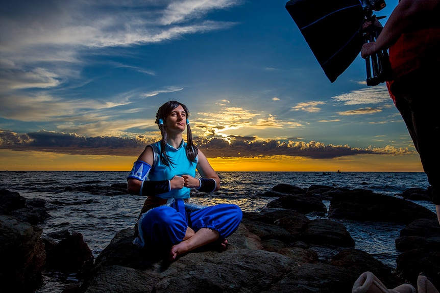 Cosplayer Krispy is photographed at Marino Rocks, south of Adelaide.