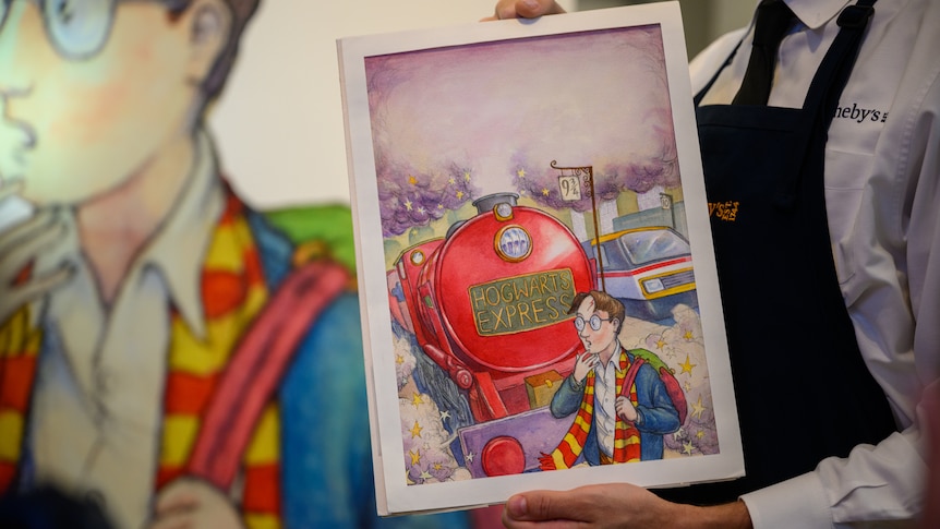 The watercolour painting featuring Harry Potter in front of the Hogwarts Express at Kings Cross Station