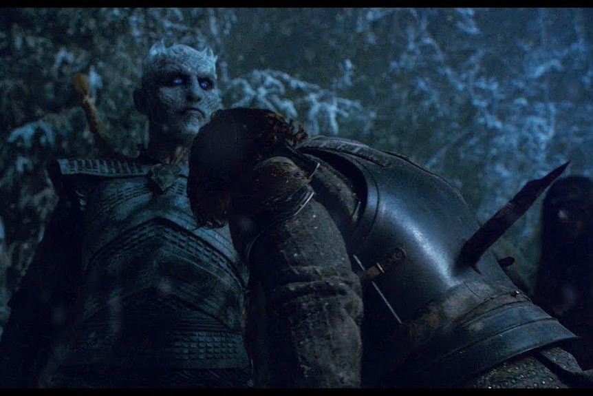 The Night King kills Theon Greyjoy with his own sword.