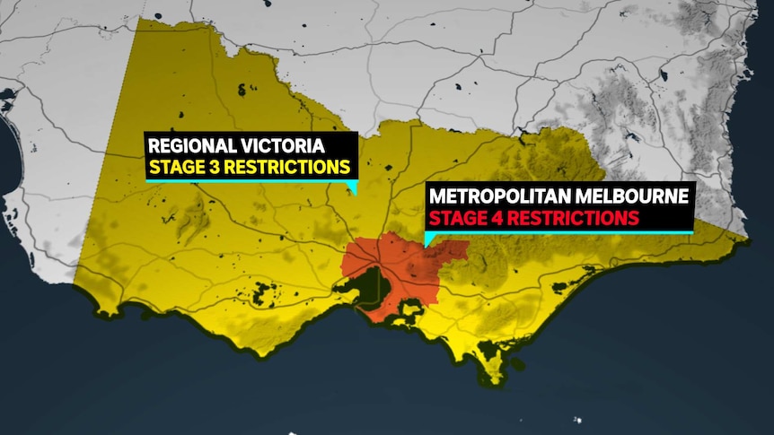 A map showing regional Victoria highlighted in yellow and metropolitan Melbourne in red.