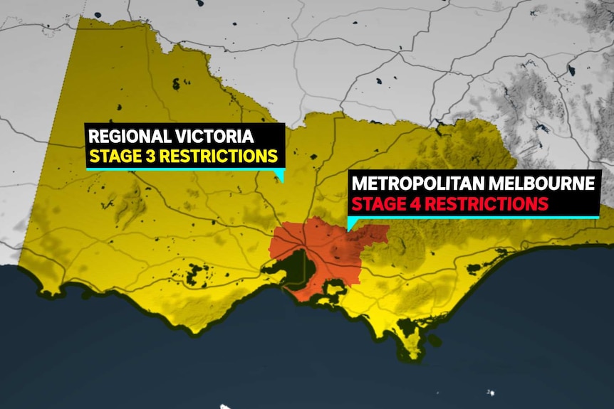 A map showing regional Victoria highlighted in yellow and metropolitan Melbourne in red.