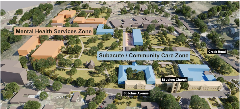 A map showing mental health services buildings in orange and a subacute community care zone in blue.