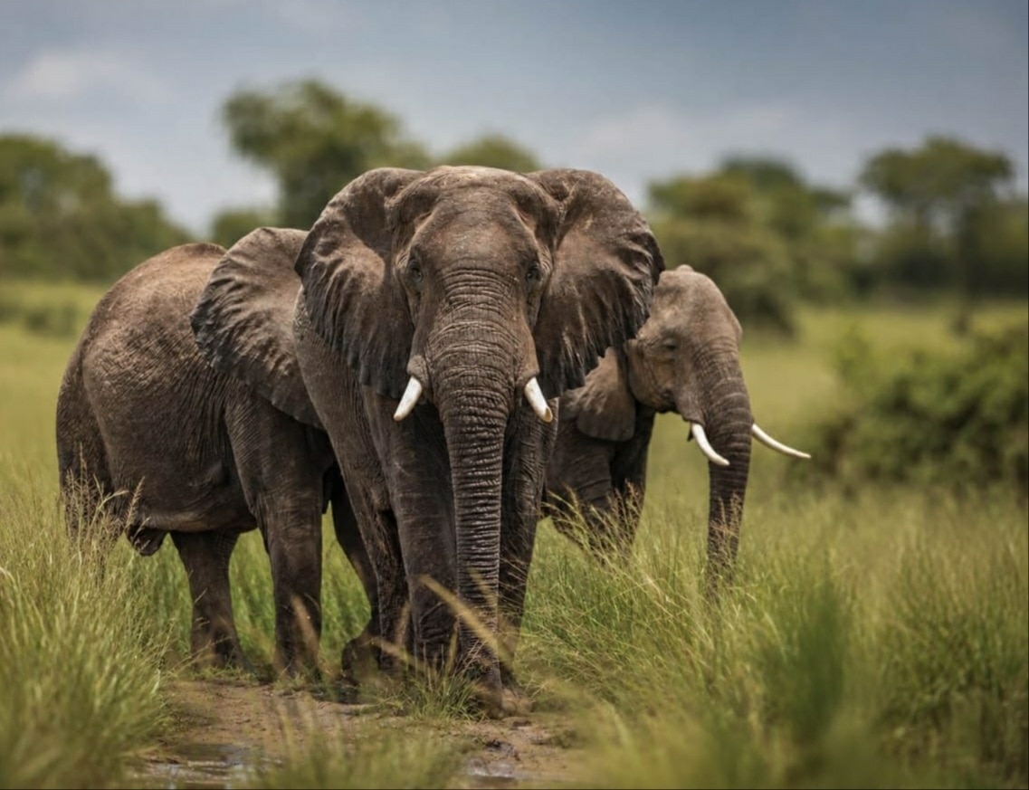 Three elephants standing in long green grass in African savanna, one is facing camera in the middle of frame.