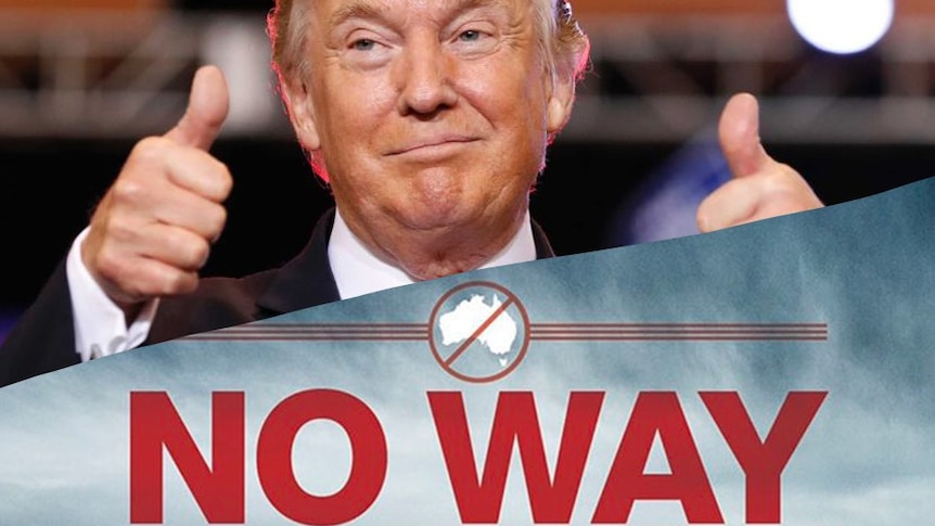 Donald Trump with his thumbs up and a sign saying 'no way'