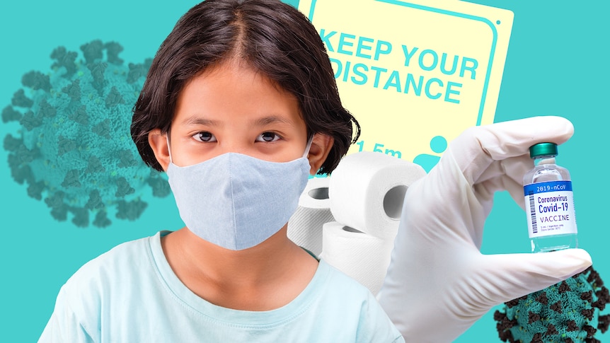 A child wears a mask while toilet paper rolls, vaccine vial, COVID 3D models and social distancing sign float in the background.