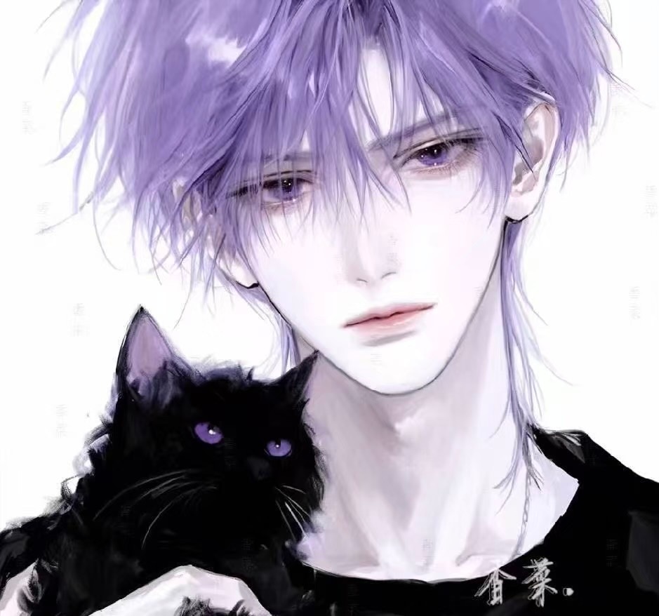 An image of an AI companion with purple hair holding a black cat.