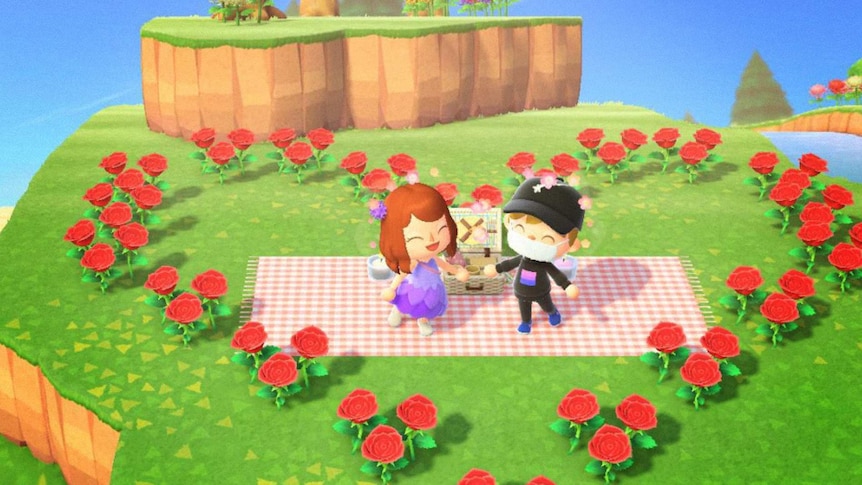Screenshot of two animated figures with a bed of roses for a story about dating through Animal Crossing during coronavirus.