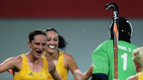 Sarah Young of Australia celebrates after scoring a goal in Olympic hockey competition against SKor