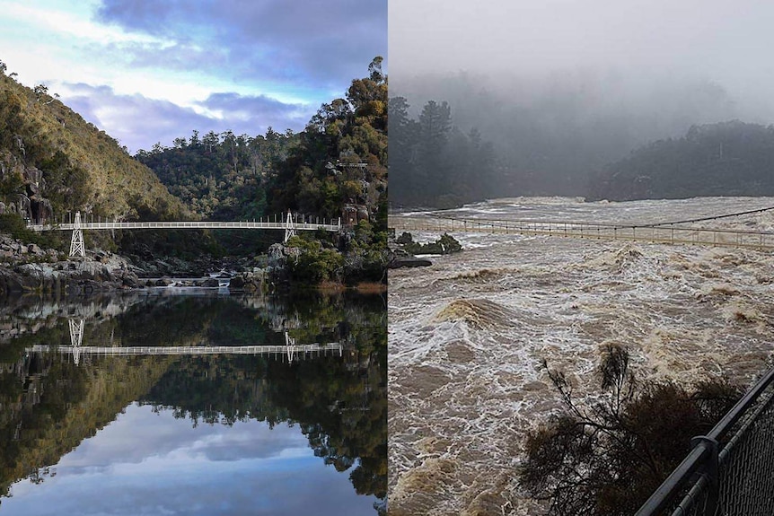 Composite image of the still waters of Cataract Gorge and raging floodwaters in the gorge.