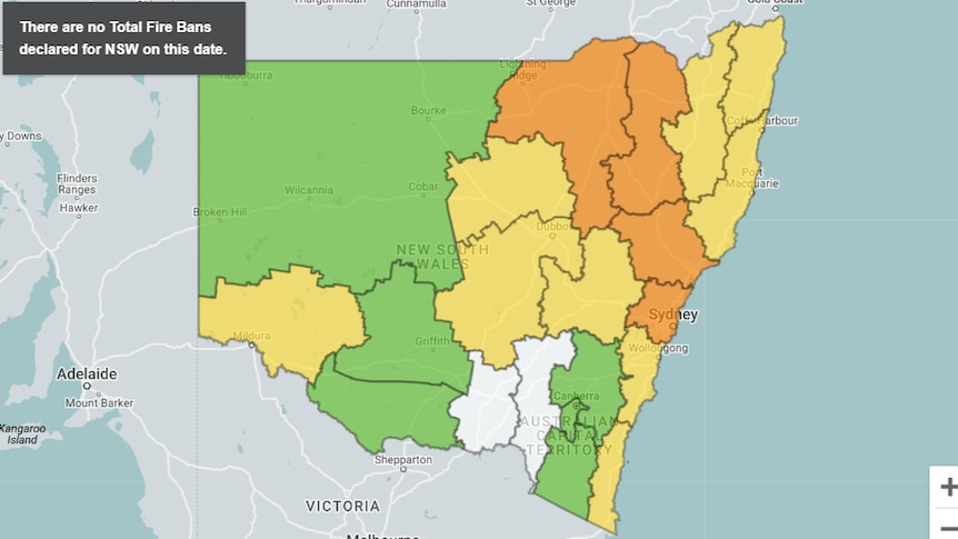 A map of NSW showing areas of extreme and high fire danger ratings across regions of north and east New South Wales.