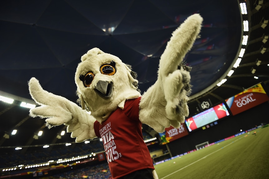 A mascot of a white owl, with a red t-shirt.