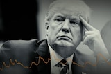 A black and white photo of Donald Trump with a line graph across the bottom