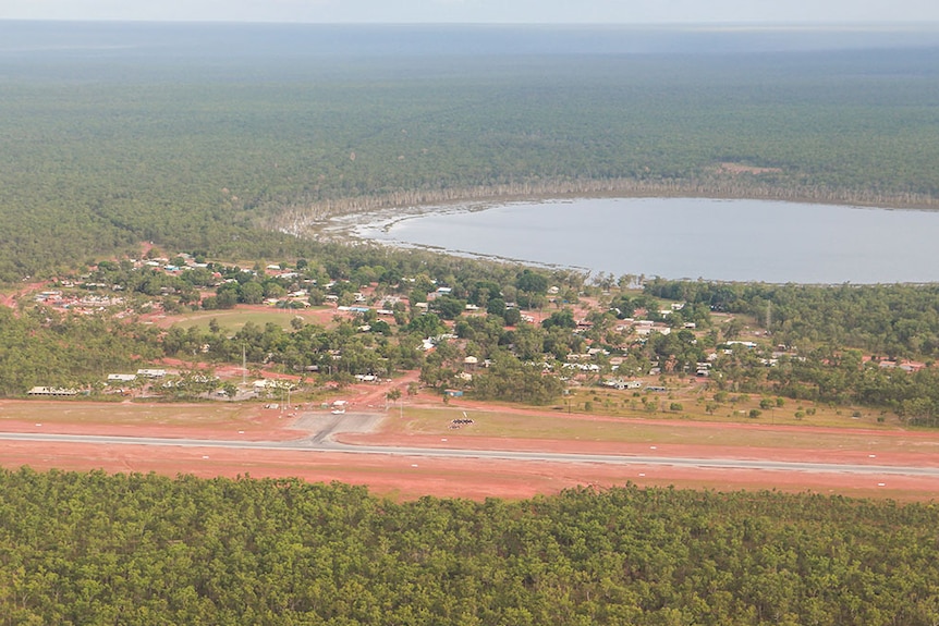 The community as seen from the air on the shores of Lake Evella.