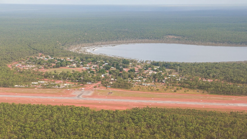 The community as seen from the air on the shores of Lake Evella.