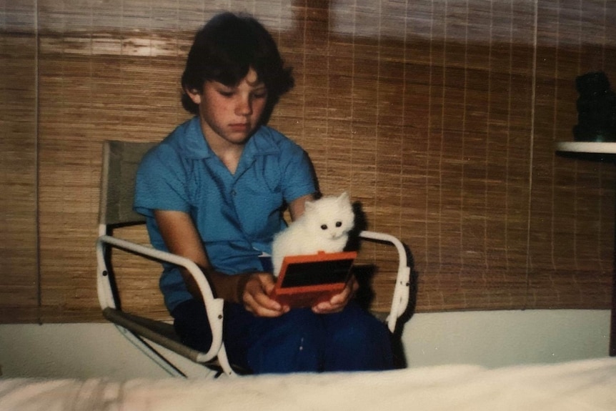 A little boy sits with a cat on his knee while looking at a screen