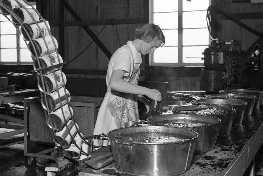 An old factory with a lady filling cans with jam.
