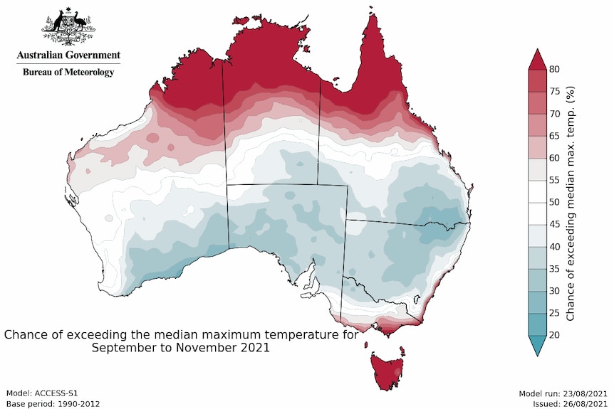 A map showing red at the top and bottom of Australia.