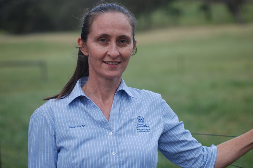 Woman wearing a blue shirt, standing next to a fence.