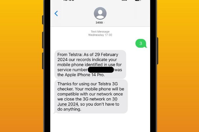Two text messages are displayed on an iPhone screen, identifying the device will remain functional after the 3G shutdown.
