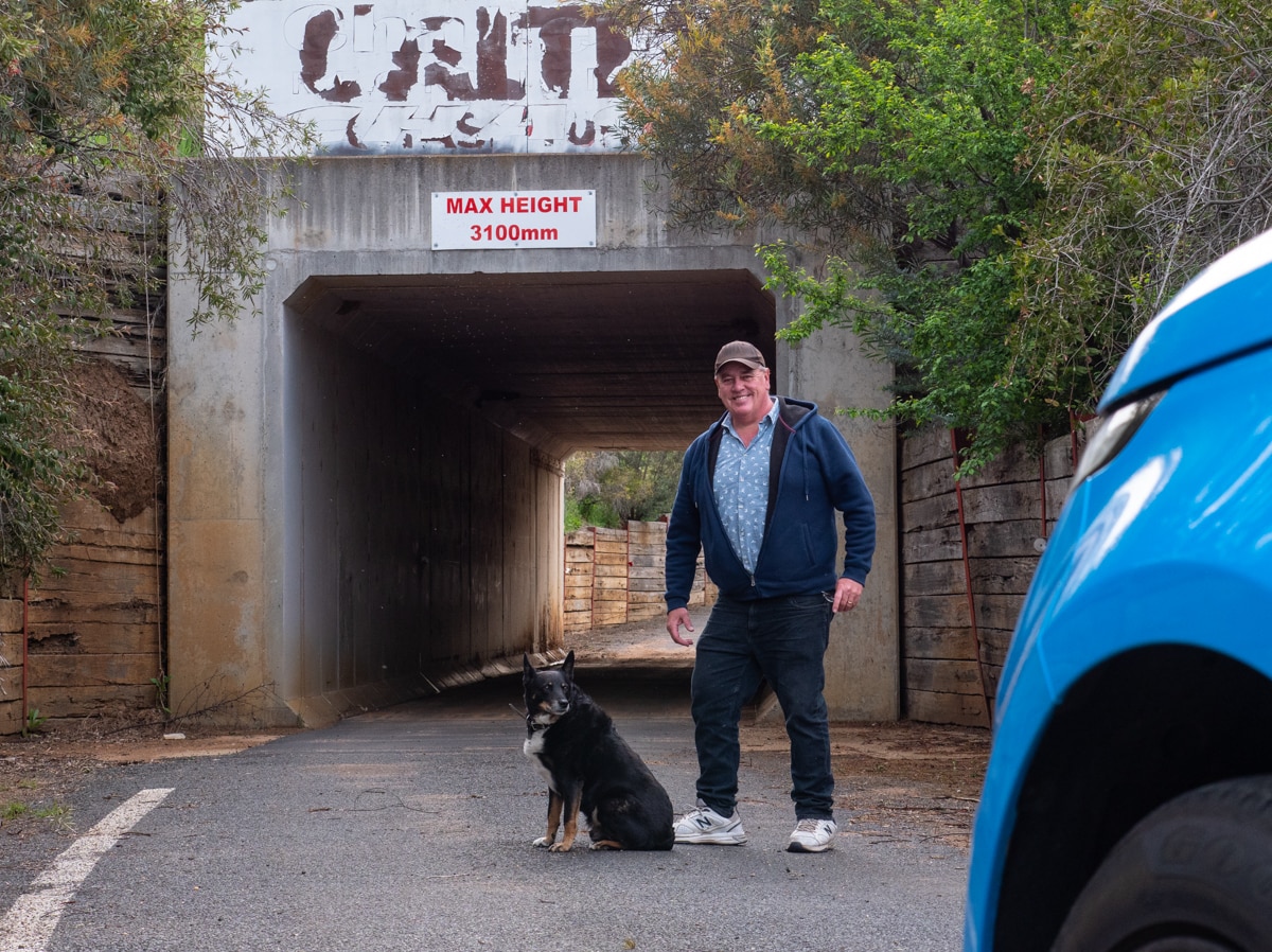 a man with dog standing in front of a tunnel under a road
