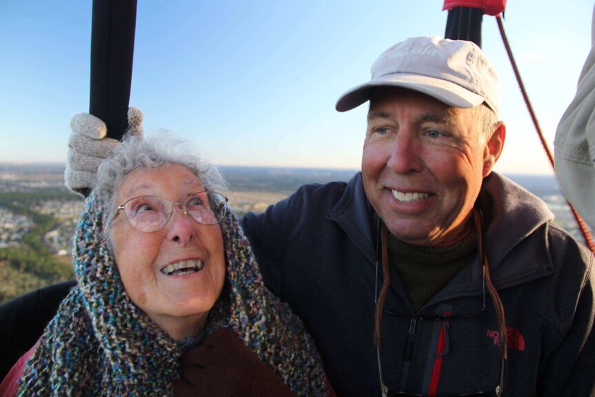Norma and her son Tim taking a hot air balloon ride in Florida.