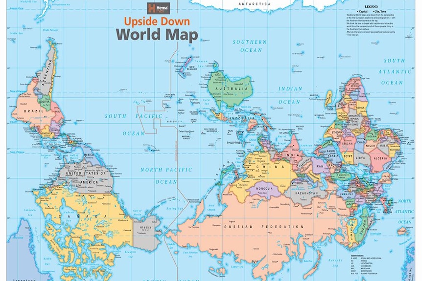 An upside world map
