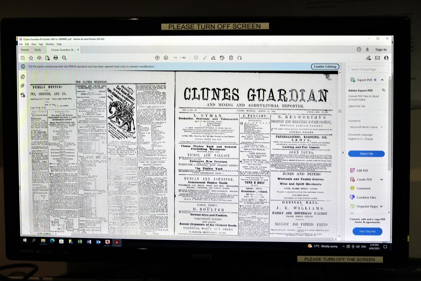An old newspaper called Clunes Guardian shows on a computer screen.