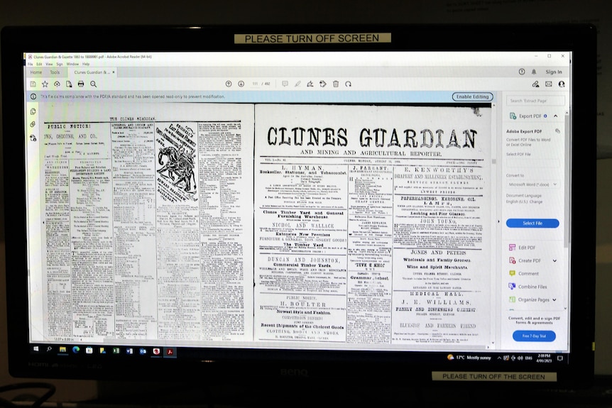 An old newspaper called Clunes Guardian shows on a computer screen.