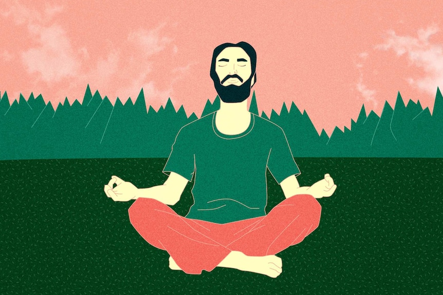 An illustration shows a man sitting cross-legged, his eyes closed