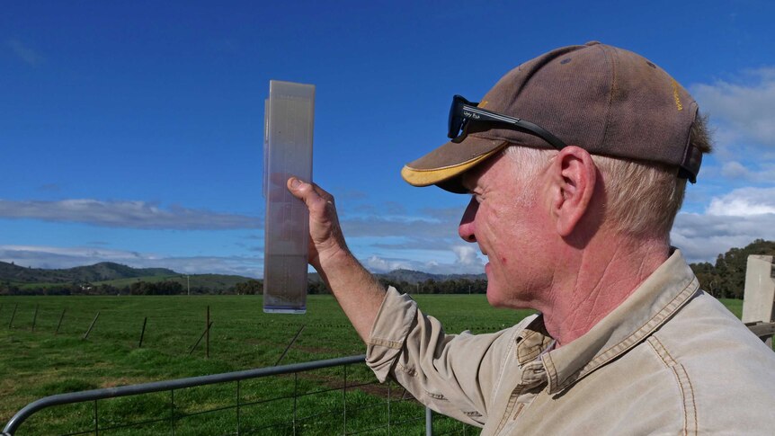A farmer holds up a rain gauge with water in it