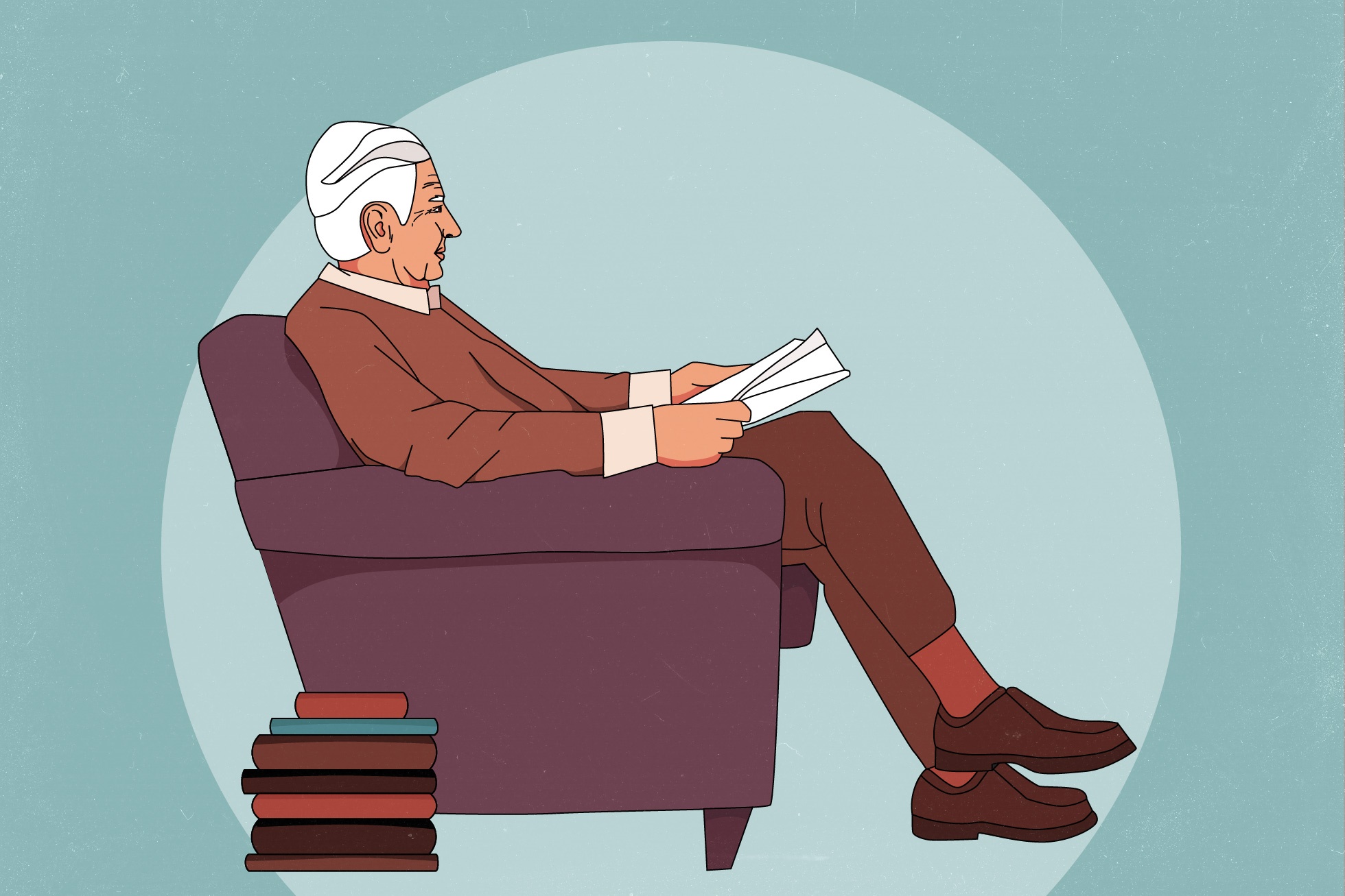 A drawing of a man with white hair and brown clothes sitting in a chair reading a book. A small pile of books is on the floor.