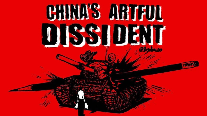 A man standing in the front of a tank on a red poster for the ABC's documentary China's Artful Dissident.