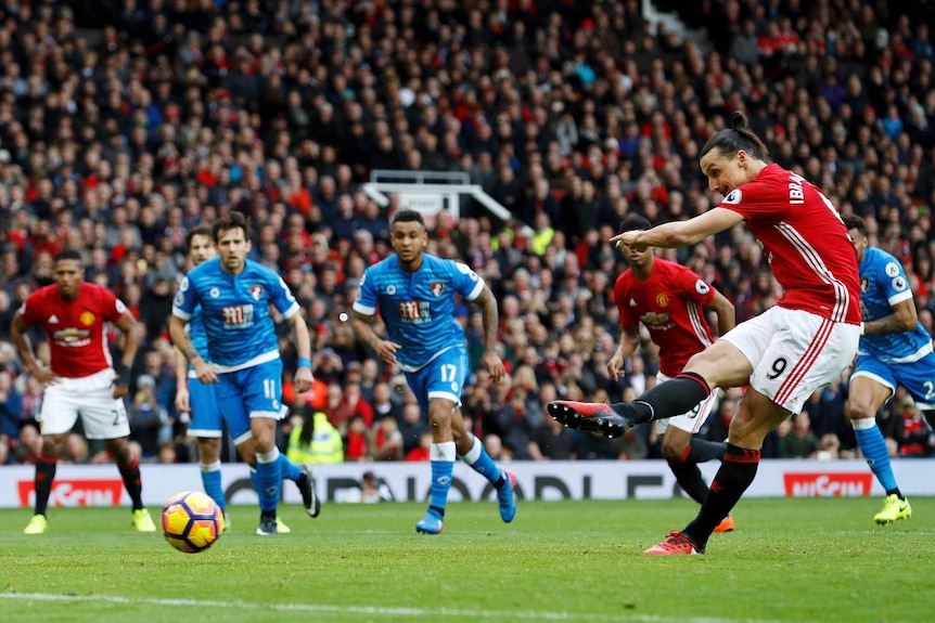 Manchester United's Zlatan Ibrahimovic takes a penalty that is saved against Bournemouth.