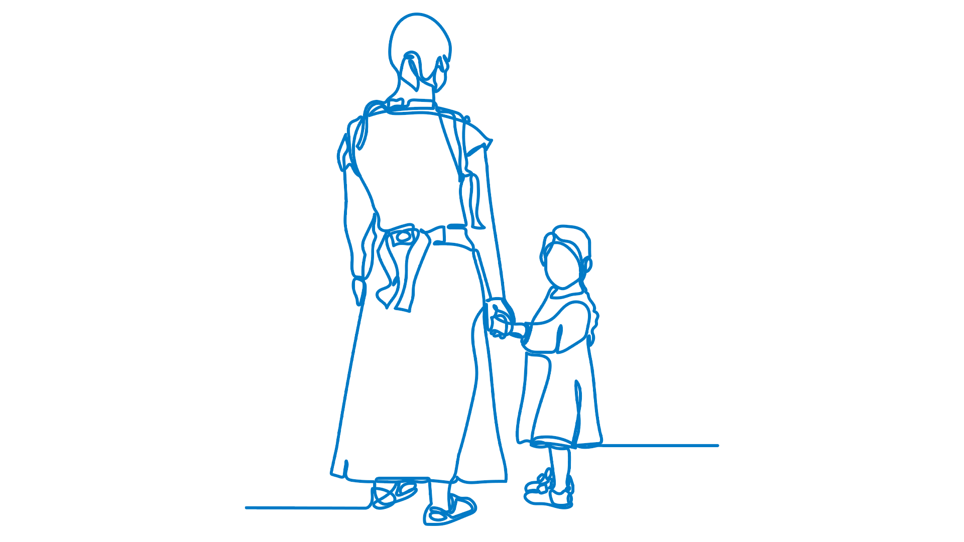 A line drawing of a woman holding the hand of a young child.