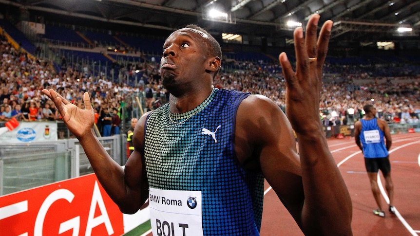 Jamaican Usain Bolt reacts after his defeat by American Justin Gatlin in a 100m race in Rome.