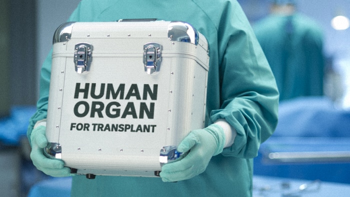 A person dressed in surgical scrubs holds a cooler box designed for transporting organs.