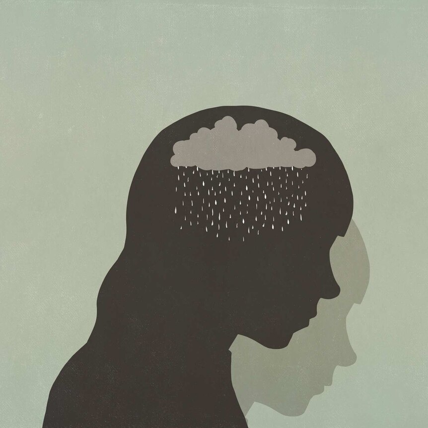 An illustration showing a silhouetted woman with a gloomy rain cloud inside her head