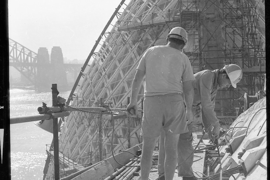 Black and white image of Sydney Opera House construction 