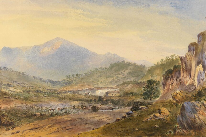A painting of bush, a mountain and a building