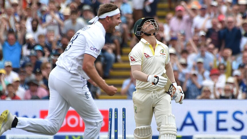 England bowler Stuart Broad shouts in joy as Australia batter David Warner throws his head back after getting out in the Ashes.